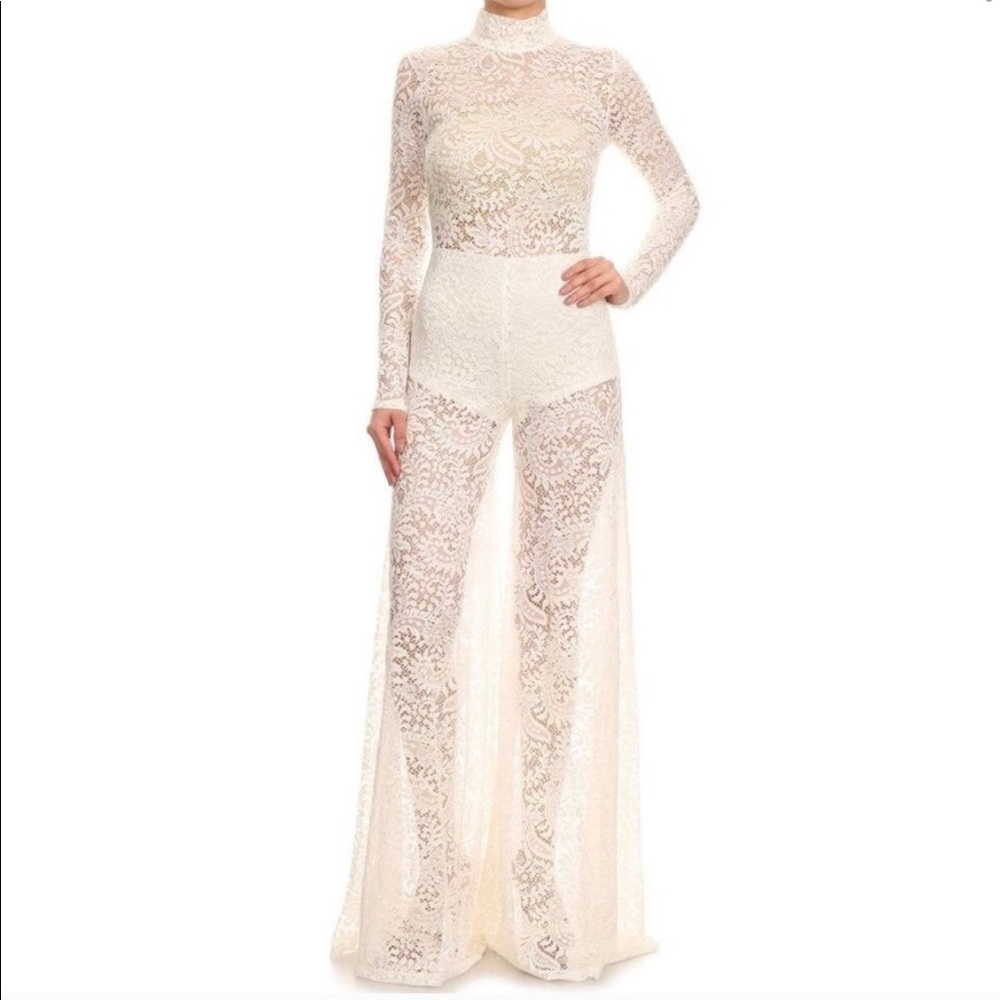 White lace crochet jumpsuit bell bottom